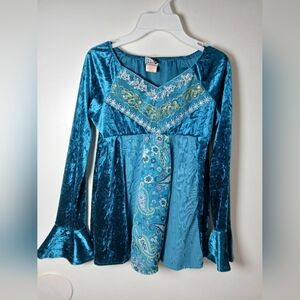 Girls Pogo Club NY Velvet Paisley Boho‎ Top Sz 10/12 Teal Blue Fairy Ren Faire